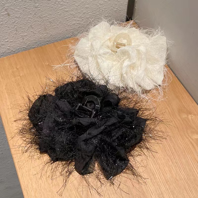 流苏网纱蝴蝶结发夹女脑勺大号羽毛抓夹高级感鲨鱼夹子显发量头饰详情2