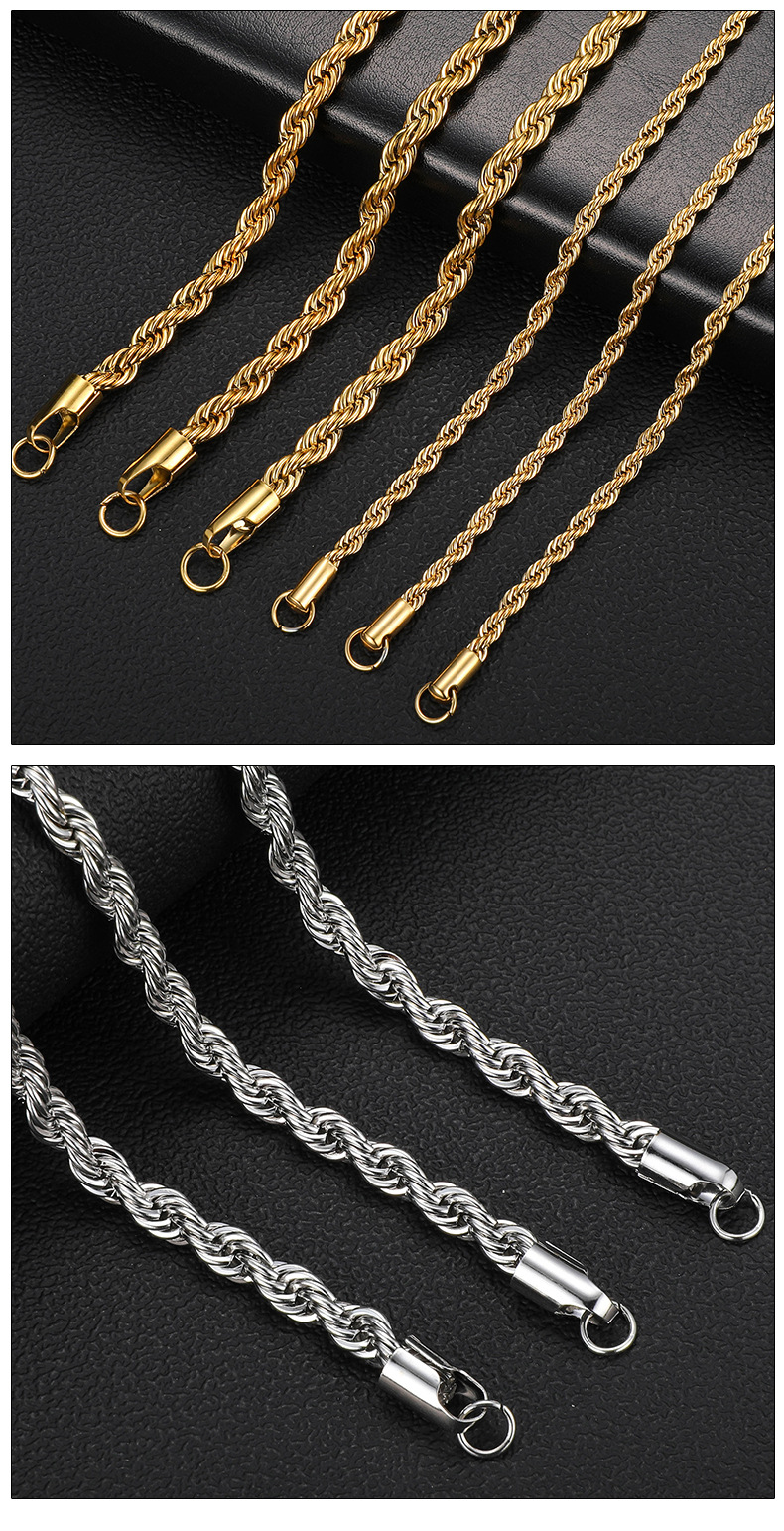 不锈钢麻花链 真空电镀金色项链潮流嘻哈饰品配链锁骨链男士项链详情12