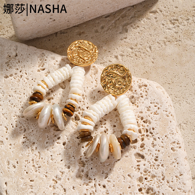 娜莎首饰套装美拉德风巴洛克珍珠贝壳虎眼石串珠项链耳环饰品套装详情12