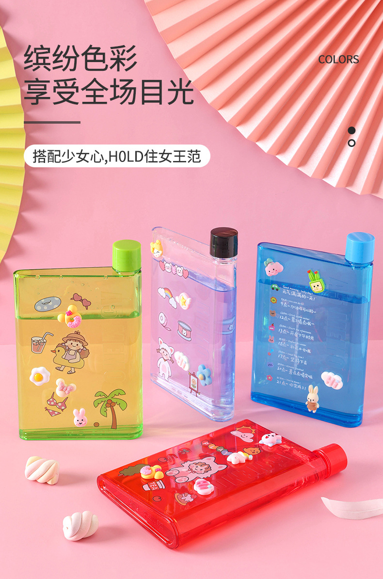 X49-A5个性创意扁平水杯韩系可爱学生户外便携塑料水杯DIY扁平水壶详情7