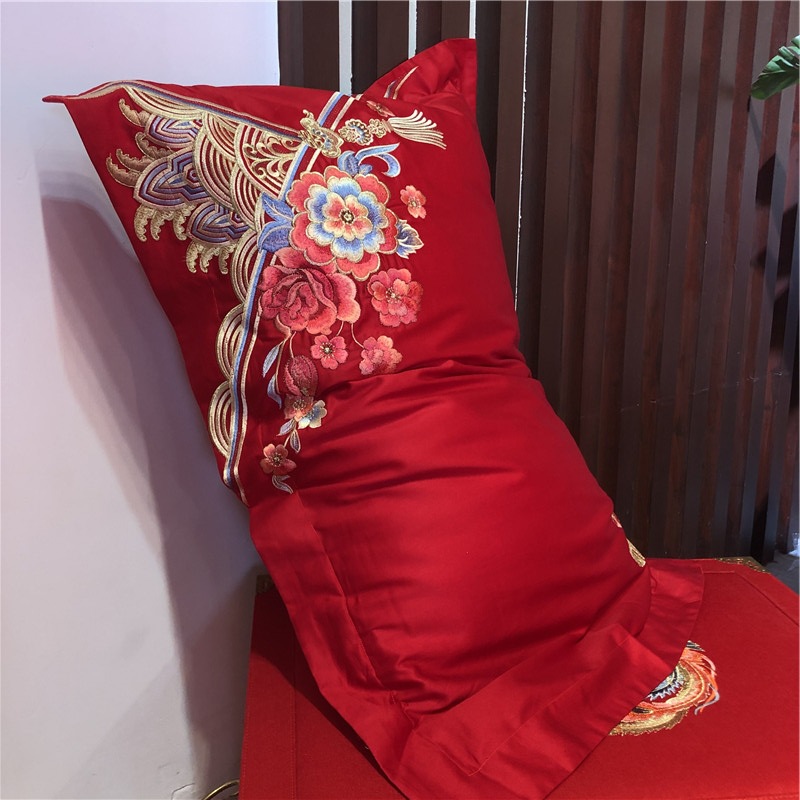 新款100s高档纯棉婚庆四件套长绒棉重工刺绣大红色床上结婚多件套详情13