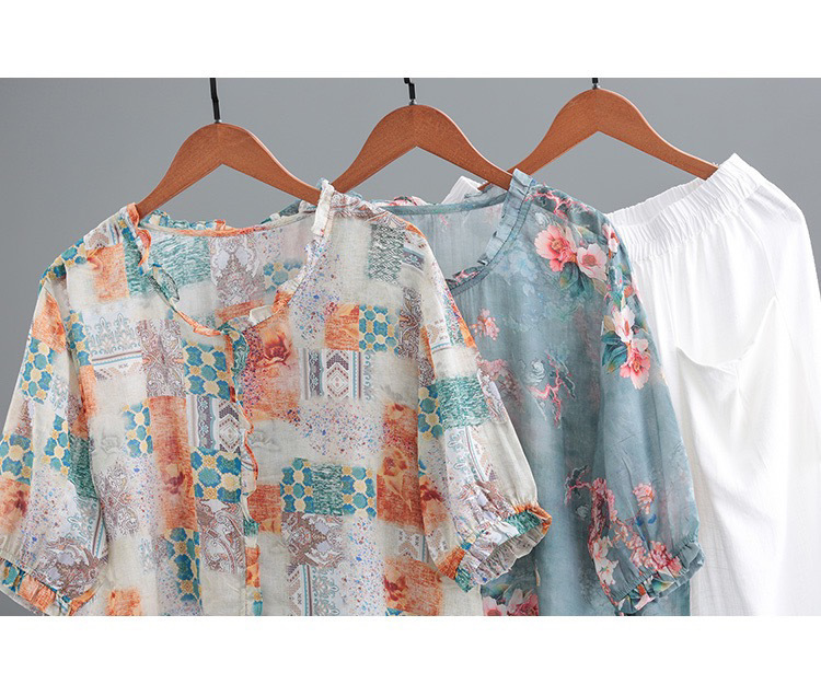 2023春夏新款韩版时尚气质大码1减龄印花复古洋气棉麻短袖T恤女装详情6