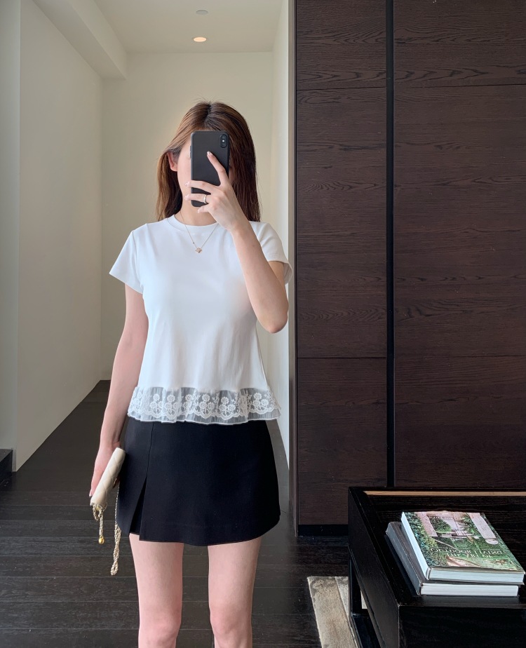 A13512甜美少女感 设计感下摆蕾丝花边拼接显瘦短袖T恤女春夏新详情7