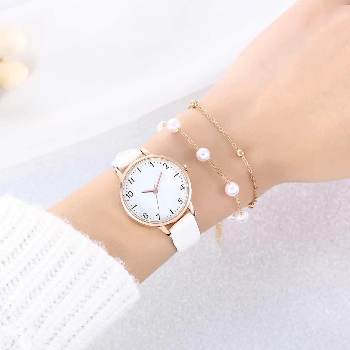 电商热卖女士百搭石英表时尚简约气质珍珠配链条女款腕表皮带学生详情3