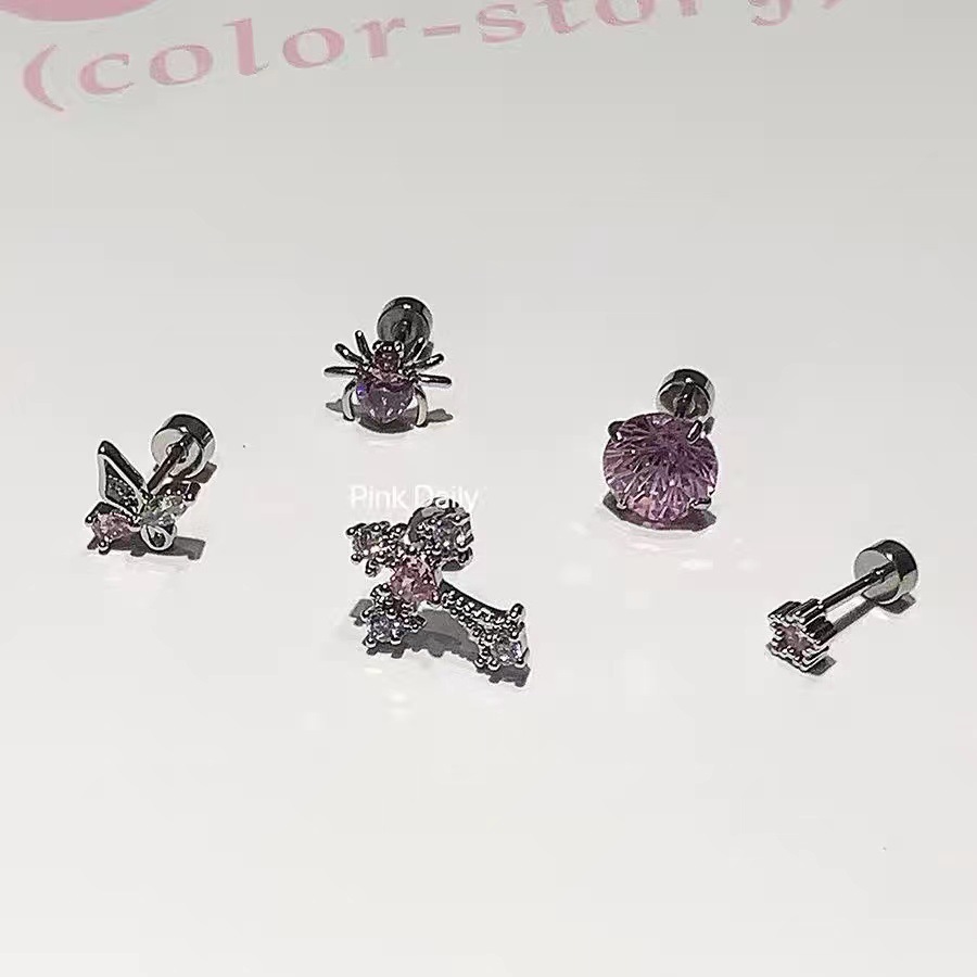 The new pink zircon cross ear bone stud titanium steel screw firework cut cochlear stud butterfly earrings are very stylish pic 5