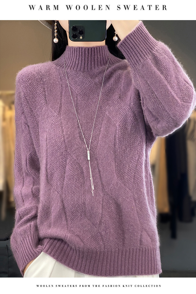 2024 New style 100 wool sweater for women, semi-high neck, thickened with twist, solid color, simple sweater, loose and slimming knitted sweater pic 28