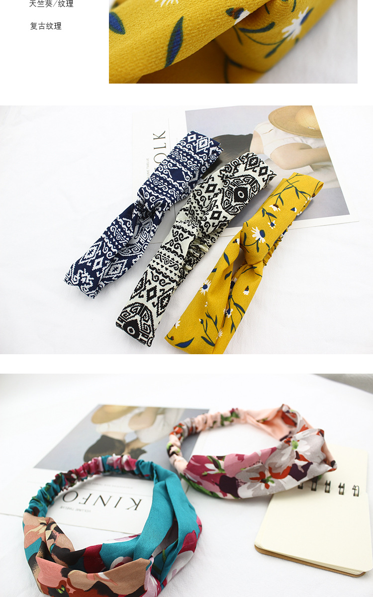Wholesale of cross-shaped hair bands, Korean fresh and simple elastic facial cleansing hair ties, narrow-edge floral fabric hair bands pic 16