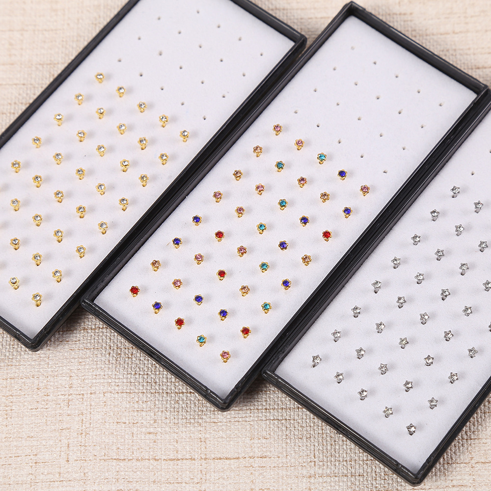 Cross-border stainless steel nose stud, straight rod, diamond-encrusted, gold and silver, colorful five-star plum blossom box, nose ring Type I, wearing pungent jewelry pic 8