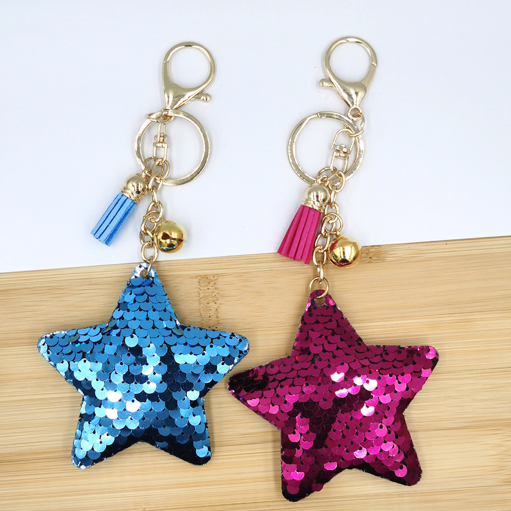 Five-pointed star sequined bell tassel three-piece keychain pendant, reflective shiny star keychain bag pendant pic 8