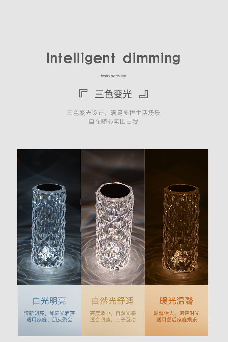 Three-color rose crystal lamp, ins diamond table lamp, bedside bedroom romantic atmosphere, night light, petal charging touch pic 3