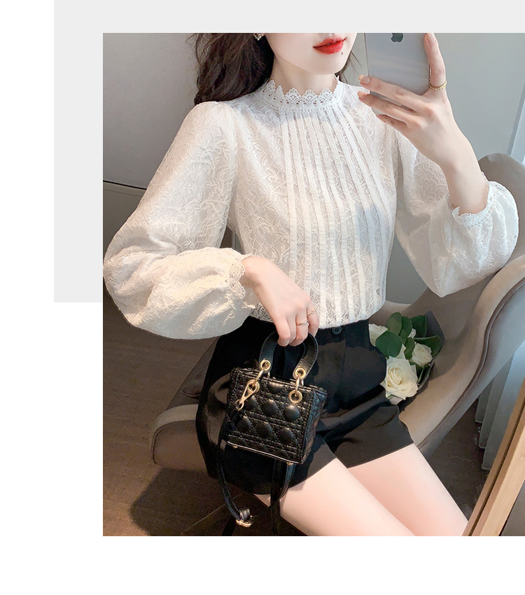 New Chinese-style in-stock real photos of the autumn new Korean-style versatile semi-high-neck lace base shirt for women. Pair it with a lace shirt inside pic 19