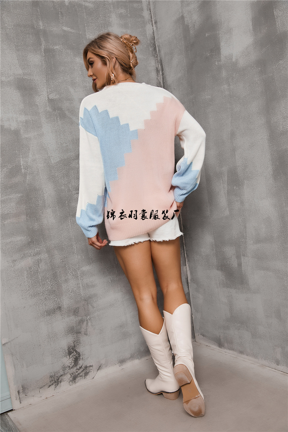 New Spring collection for 2025: European and American foreign trade fashion and individuality, patchwork round neck, large size loose knitted sweater, long-sleeved sweater for women pic 22
