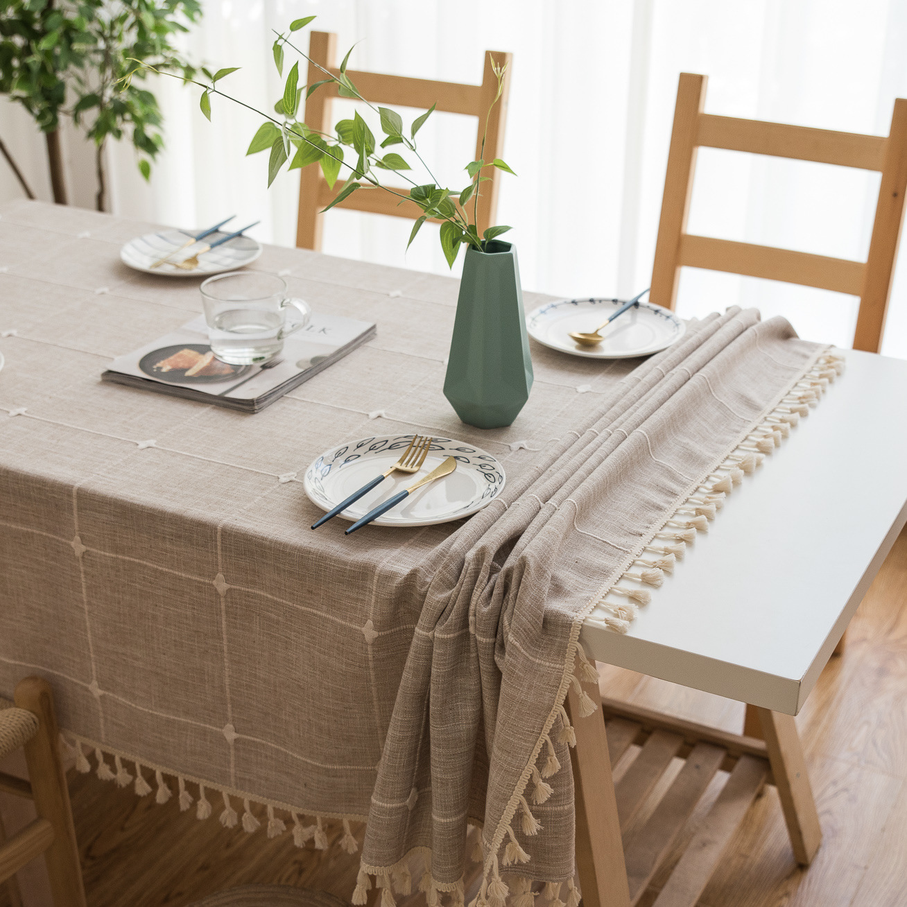 Cross-border Amazon farmhouse antique embroidery party tablecloth, cotton and linen outdoor linen coarse linen waterproof cover tablecloth pic 7