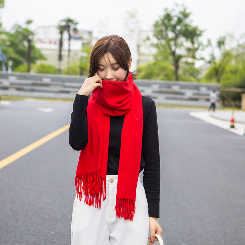 Autumn and winter silk velvet long scarf, Chinese red tassel warm scarf, company annual meeting souvenir shawl for women pic 17
