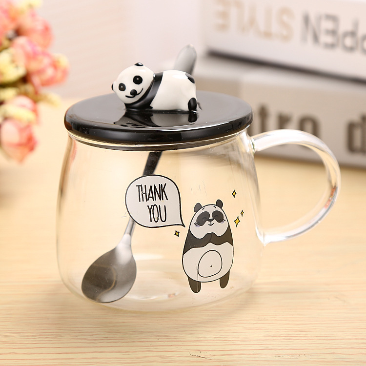 Ceramic panda glass cup with 3D panda lid water cup pic 2