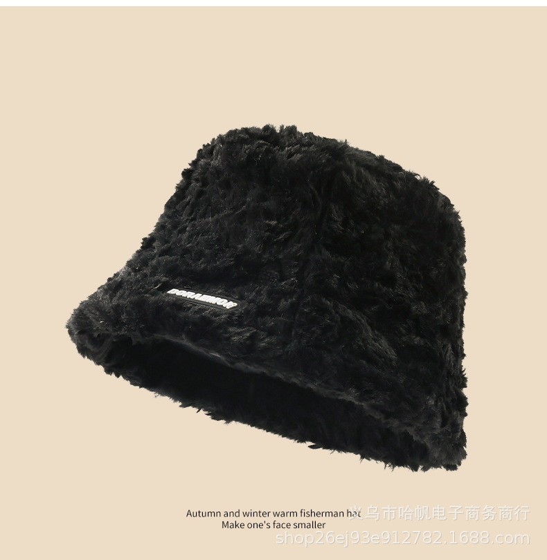 秋冬款仿兔毛黑标字母渔夫帽女水桶帽潮流款时尚百搭毛绒保暖盆帽详情5