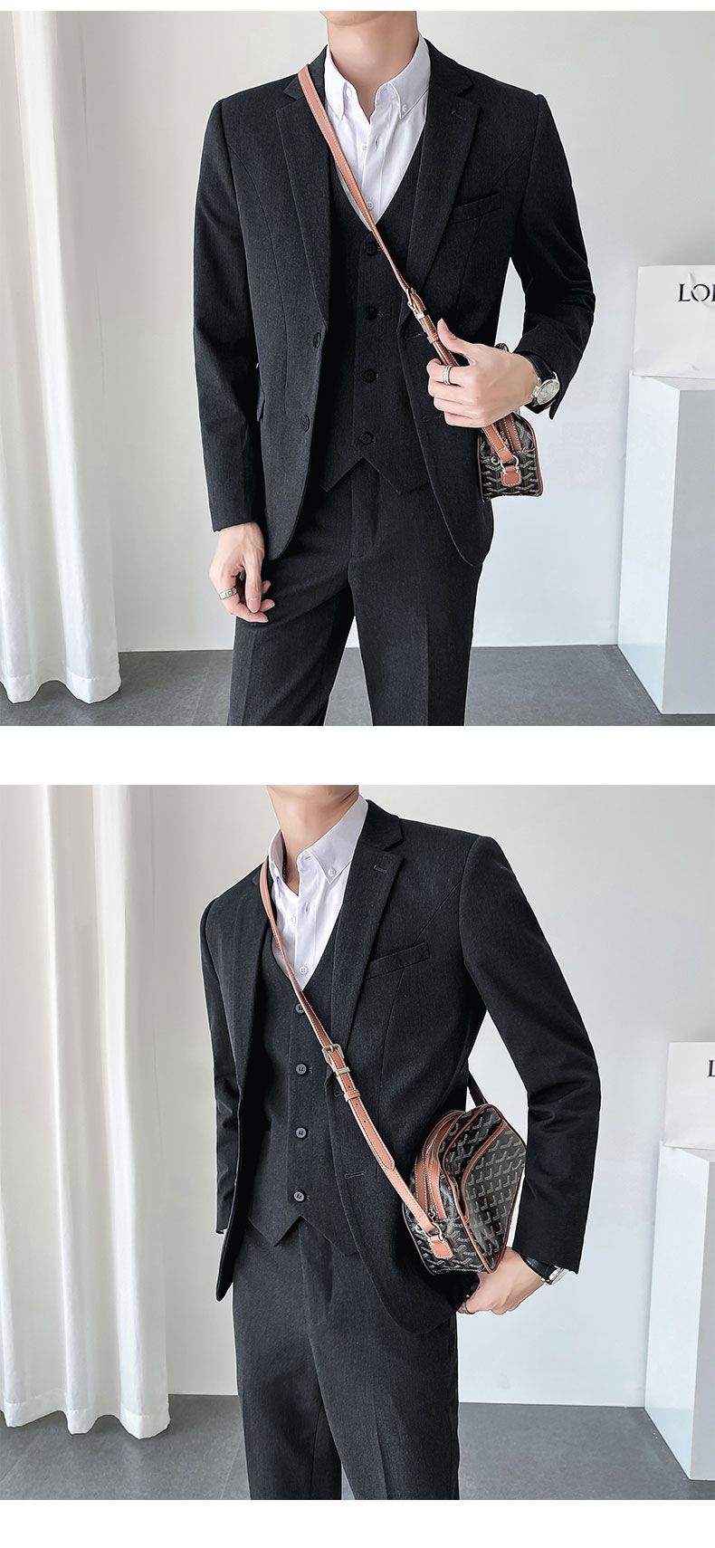 秋冬ins轻熟风韩版修身男士休闲二粒扣纯色西服三件套详情11