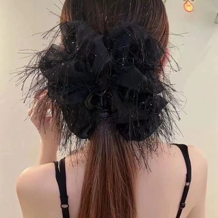 流苏网纱蝴蝶结发夹女脑勺大号羽毛抓夹高级感鲨鱼夹子显发量头饰详情3