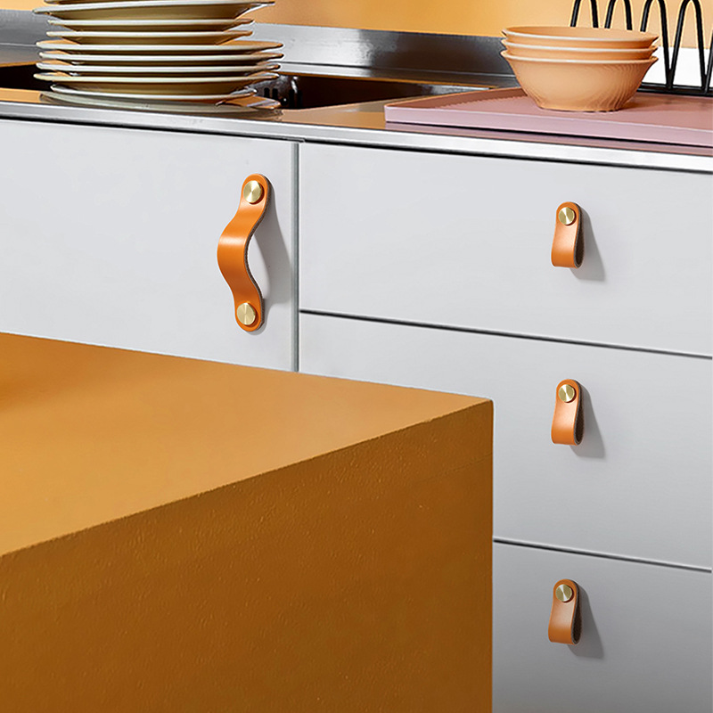Direct sales from the manufacturer of cross-border colored brass leather handles for kitchen and wardrobe door leather handles, buttons, and leather material storage box handles pic 11