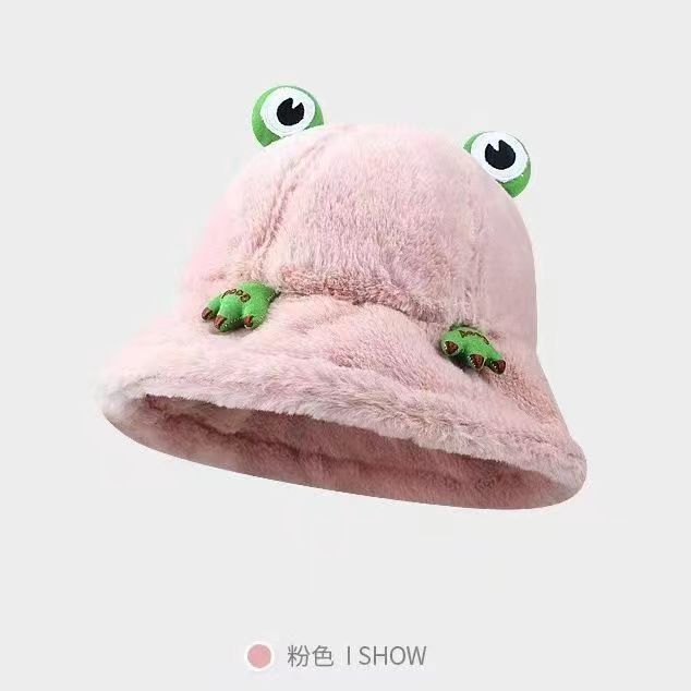 卡通羊羔绒盆帽女2023冬季加绒保暖显脸小青蛙渔夫帽网红毛绒帽女详情7