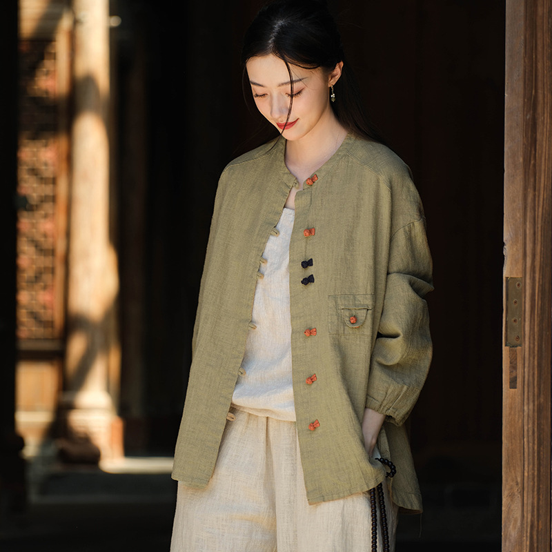 2024春夏棉麻女装新品亚麻立领拼色盘扣套头大码上衣女式棉麻衬衫详情4