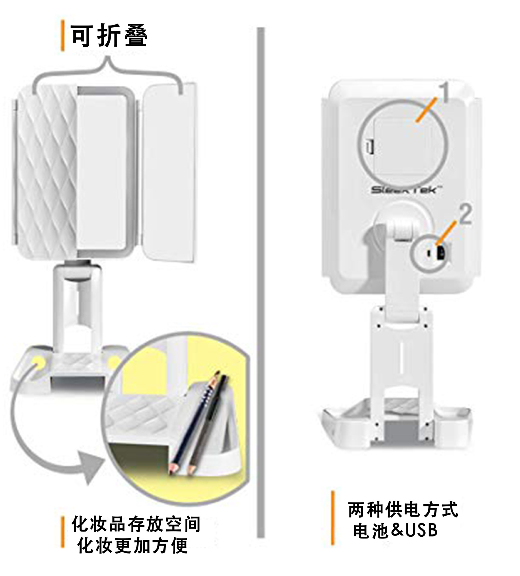 Customized led makeup mirror with 2x and 3x magnification for touch-up and beauty products, foldable dust-proof storage led dressing mirror pic 7