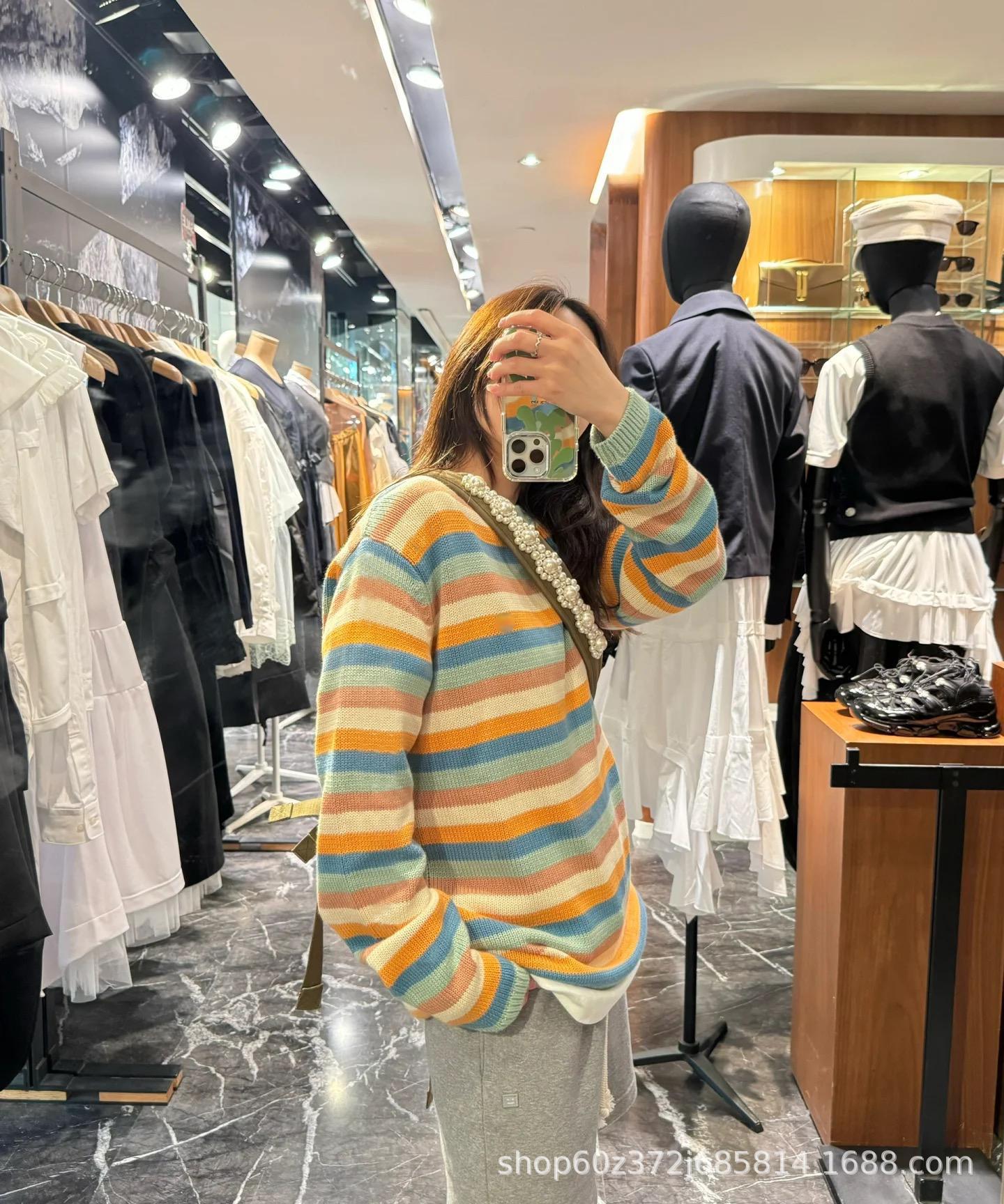 2024早秋新款北欧小众设计简约条纹拼接针织长袖百搭休闲套头毛衣详情3