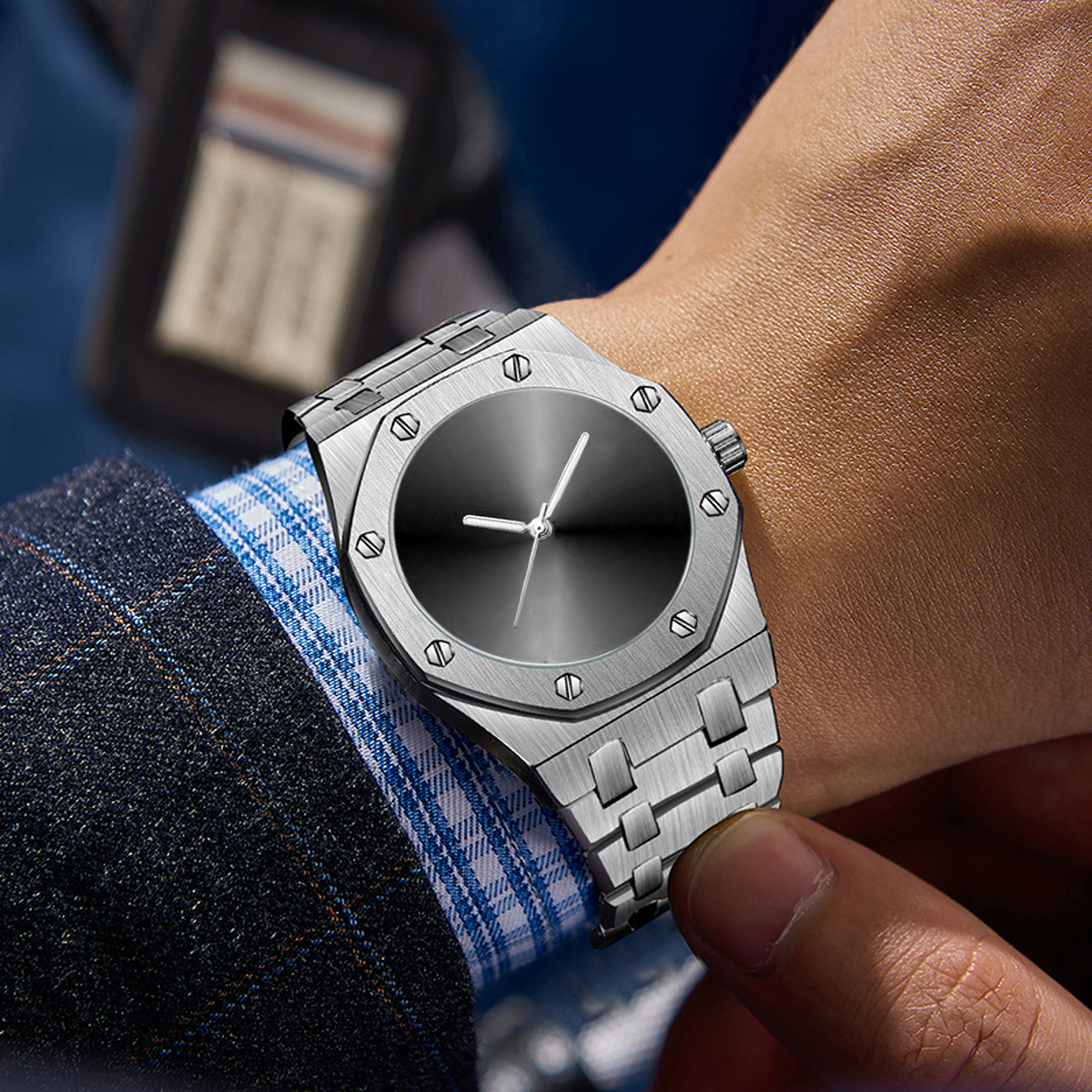 PINTIME/品时抖音手表直播爆款八边形带螺丝装饰圈防水石英手表男详情9