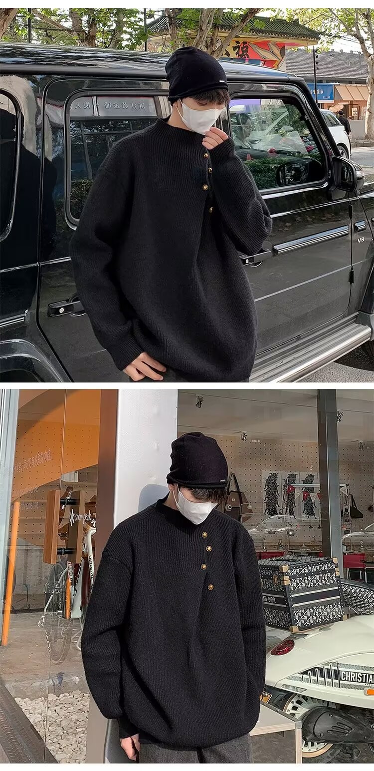 A high-neck sweater with an irregular button design, a stylish and laid-back oversized knitted top from a Korean streetwear brand pic 8