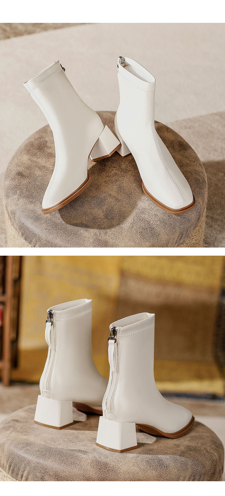 法式高跟短靴2023年新款粗跟时装靴子软皮白色春秋单靴方头瘦瘦靴详情25