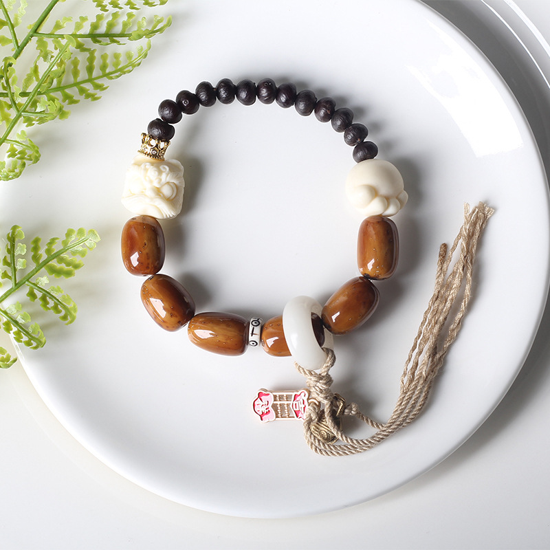 民族风白玉菩提跑环手串紫金鼠象牙果醒狮手链单圈文玩手饰品详情7