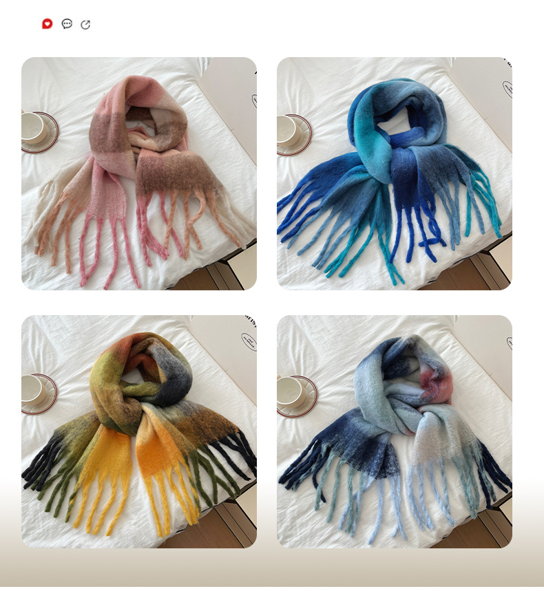 2024新款仙女粉渐变韩系流苏马海毛围巾女冬季保暖围脖仿羊绒围巾详情17