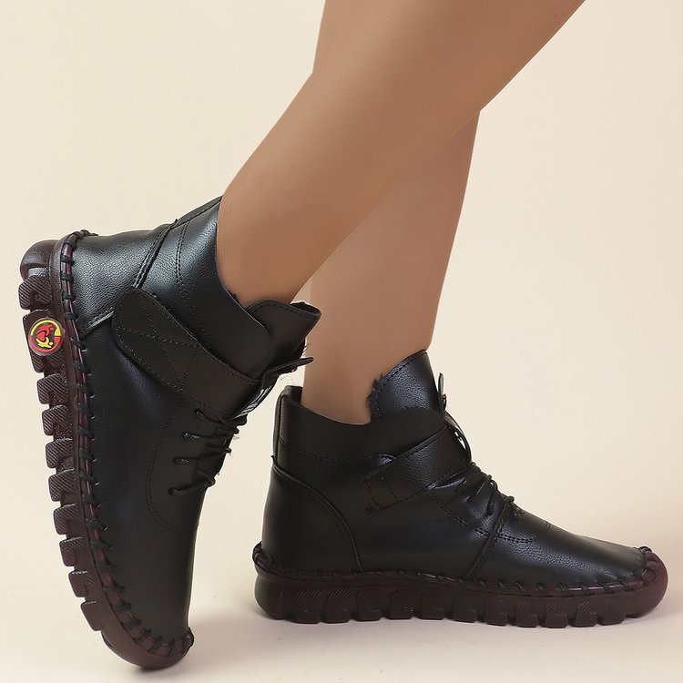 跨境大码外贸软底手工缝制底魔术贴女棉靴2023新款加绒保暖系带靴详情1