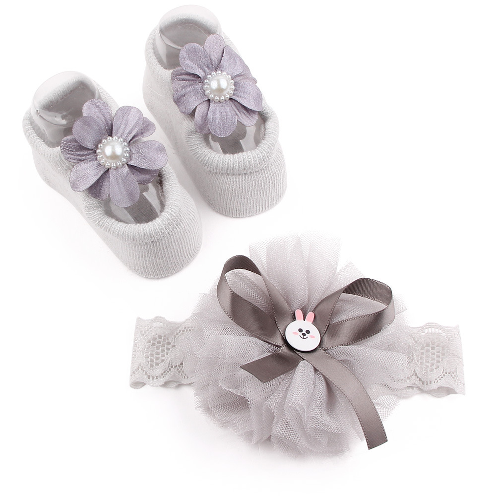 New solid color lace European and American baby socks Bow princess cute baby socks hair band set 2619 pic 9