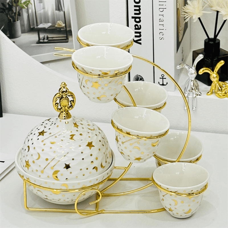 Light luxury home furnishings: multi-compartment fruit plate, European-style white gold ceramic tea cup, tea tray, dessert print, covered bowl, golden castle vase pic 7