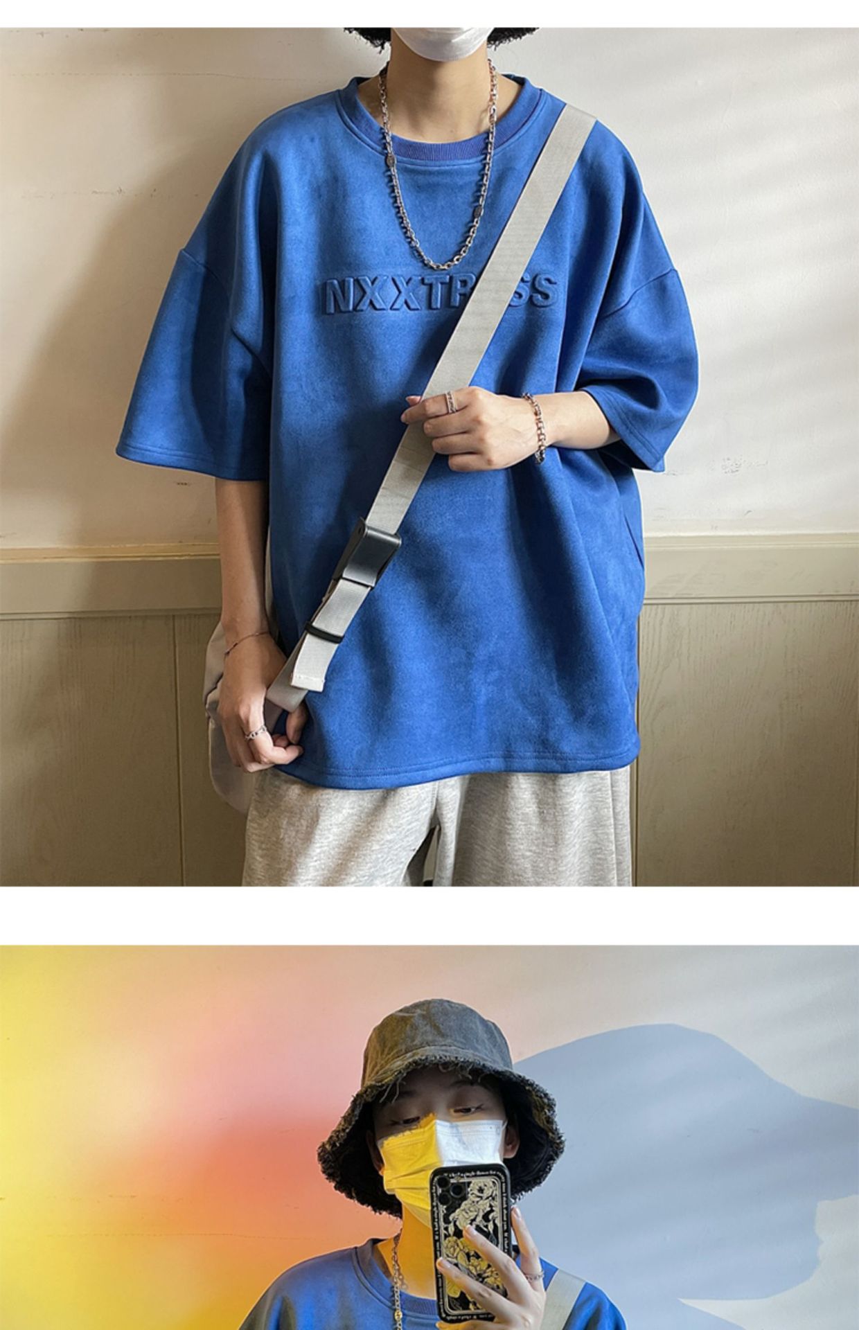 麂皮绒重磅压印t恤男夏季小众设计感五分短袖宽松百搭体恤上衣服详情23