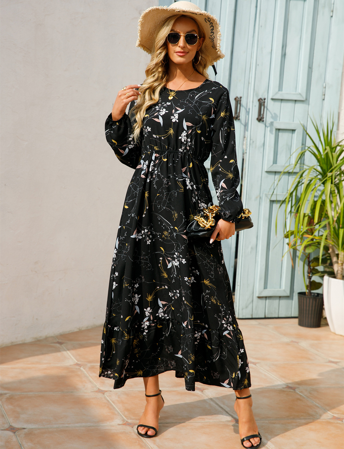 European and American floral long, round-neck, long-sleeved, waist-cinching and slimming dress pic 20