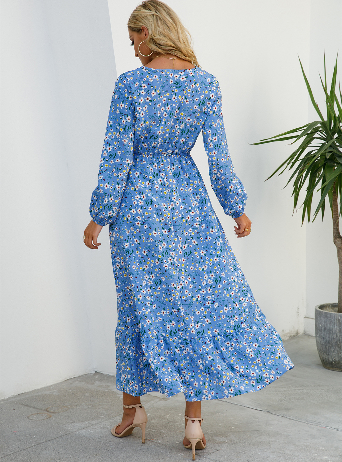 European and American floral long, round-neck, long-sleeved, waist-cinching and slimming dress pic 70
