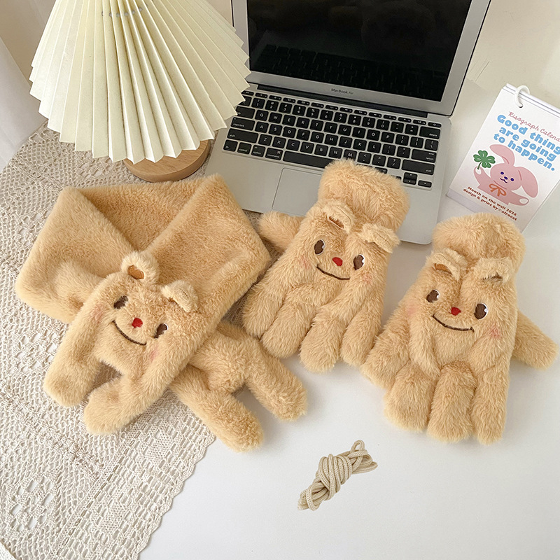 手套冬季女可爱卡通黄色小熊毛绒翻盖骑行学生保暖加绒加厚围巾详情14