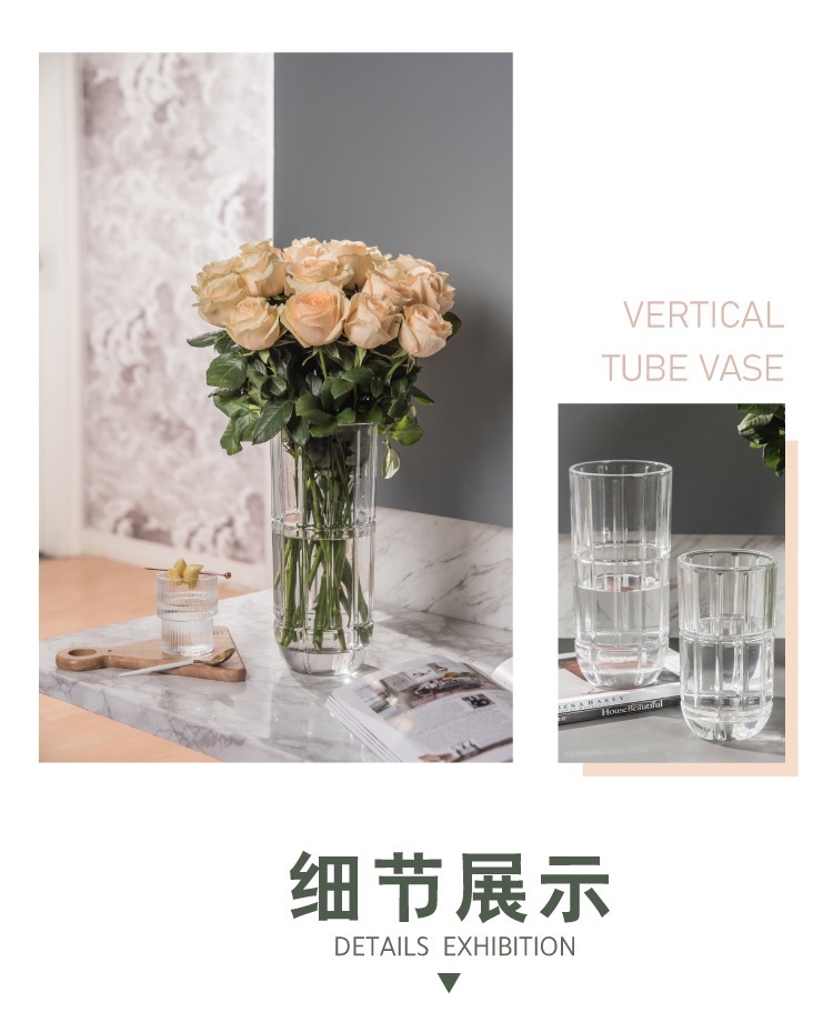 Modern and simple straight crystal vase, hydroponic flower arrangement, glass vase, lucky bamboo and lily flower arrangement, living room ornaments pic 3
