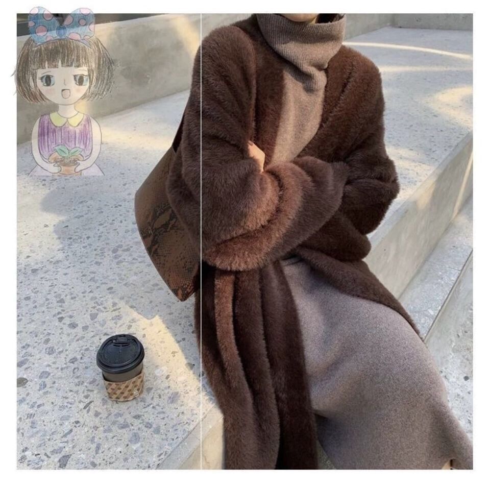 2023 Spring and Autumn laid-back and loose, knee-length, thickened, pure imitation mink fleece knitted sweater cardigan for women pic 52