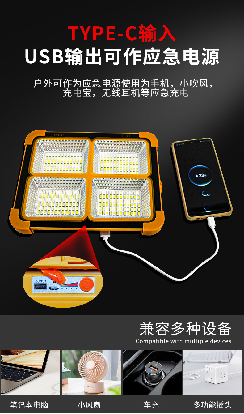 跨境热销户外太阳能手提USB充电投光灯 摆摊露营太阳能应急投光灯详情9