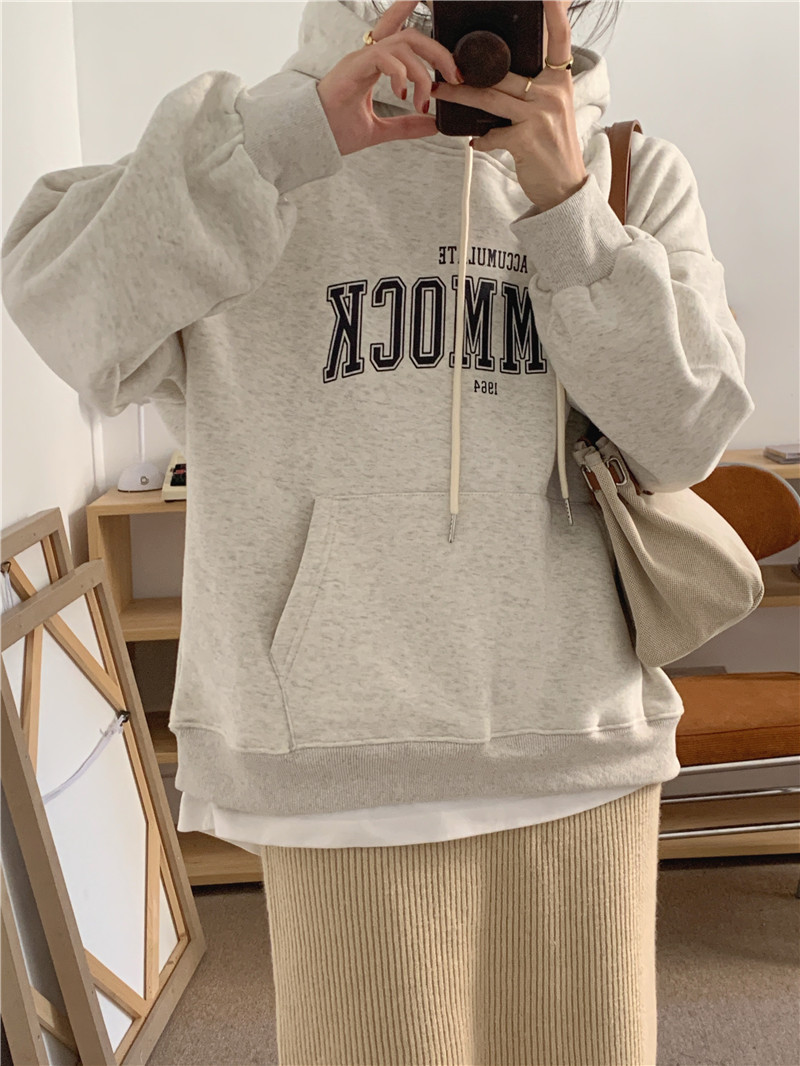 Letter-printed pullover with fleece hooded sweatshirt for women 2023 autumn/Winter new style Korean loose and versatile long-sleeved top pic 4