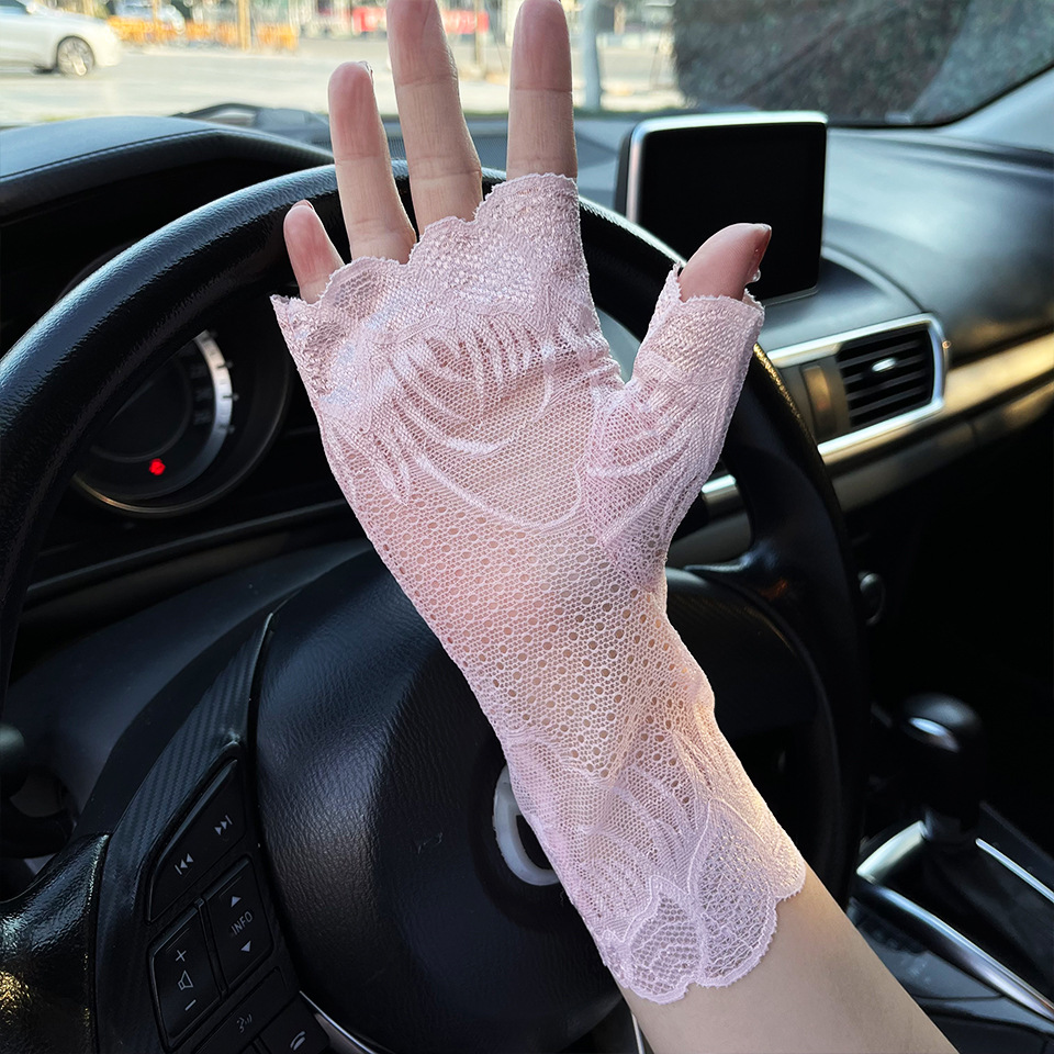 韩版冰感蕾丝手套女士夏季防晒薄款透气中老年广场舞加长半指批发详情11