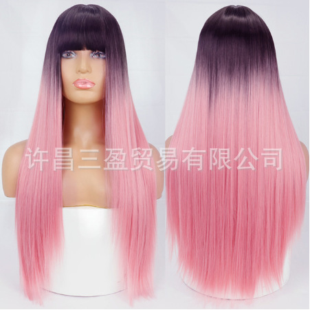 Wholesale of European and American cross-border wigs with straight bangs and long, straight hair made of high-temperature synthetic fiber pic 19
