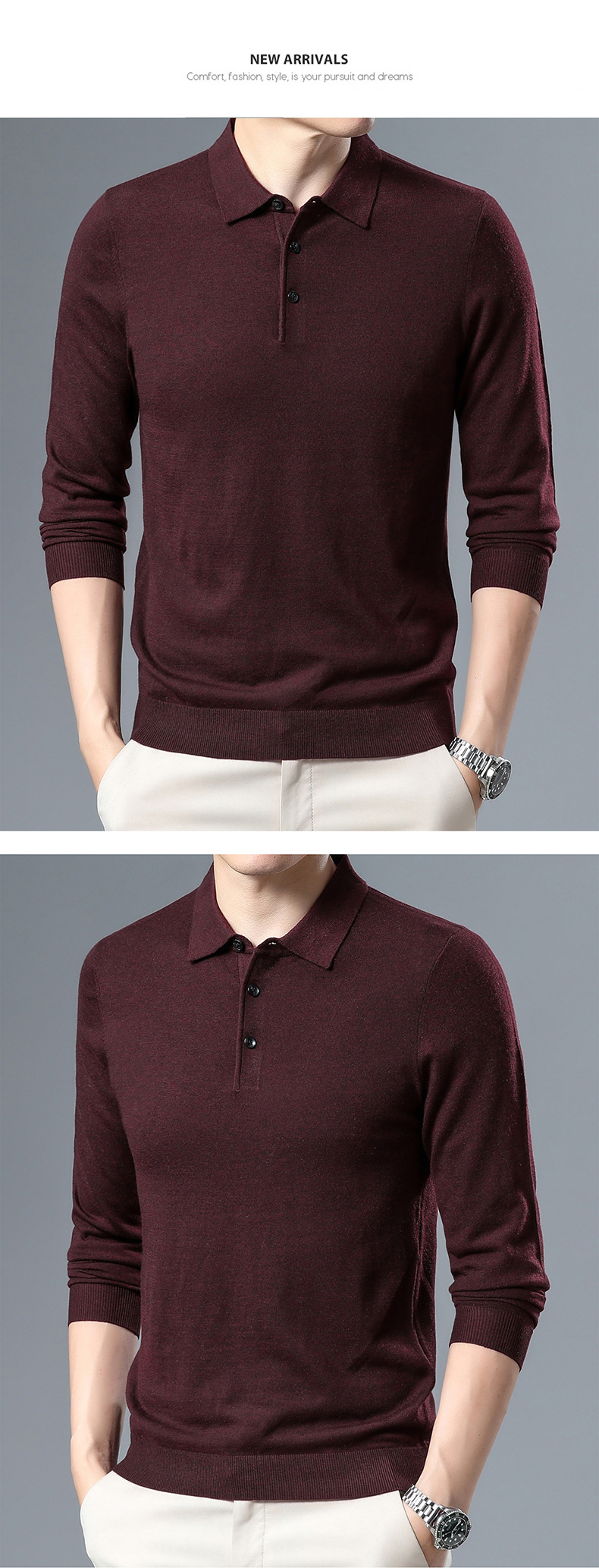 Men's 2023 autumn new Korean-style solid color lapel men's knitted sweater, slim and casual long-sleeved sweater for men pic 18