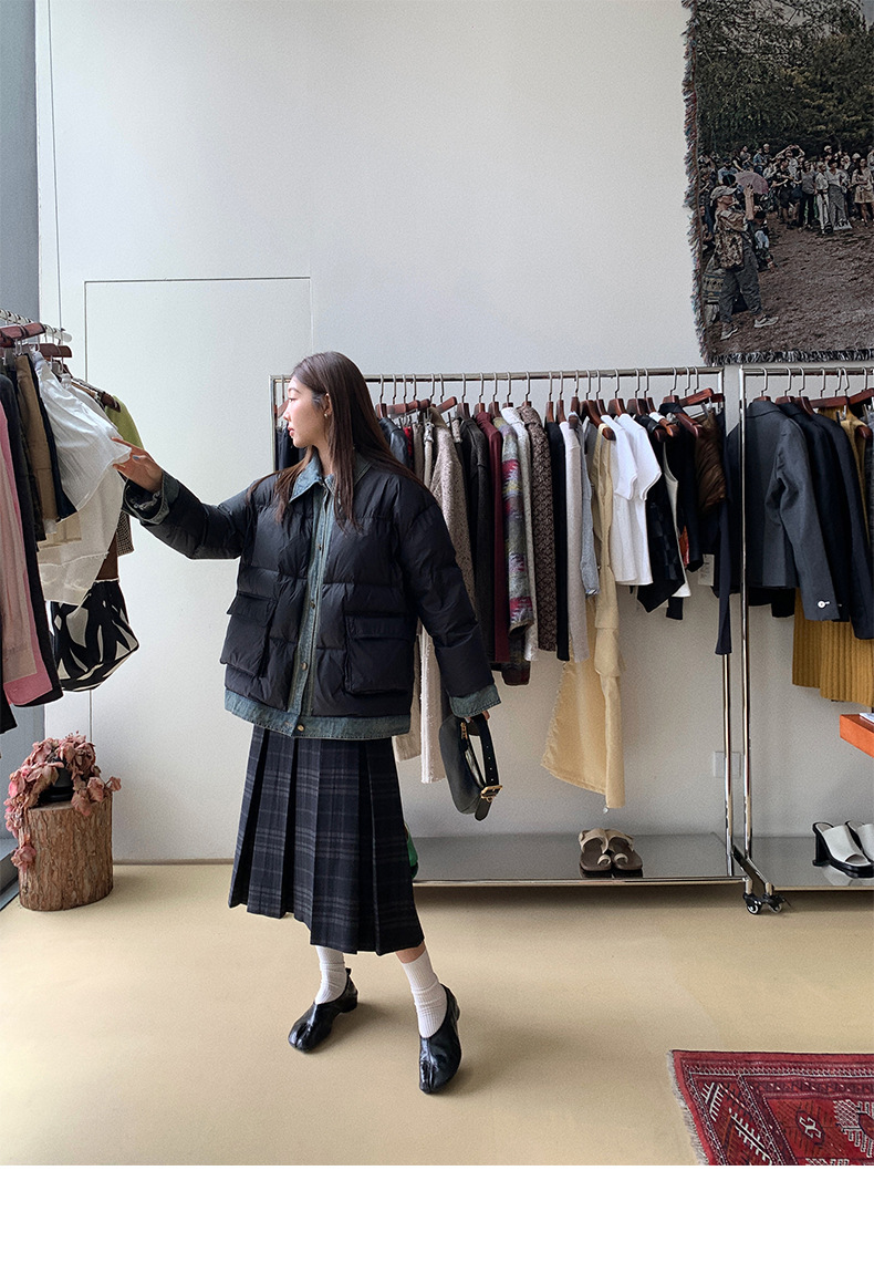 Qumeng DT CLASSIC Retro patchwork fake two-piece denim down jacket for women, 90 white duck down winter coat for women pic 14