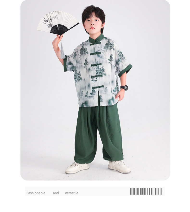 国潮男童夏季日常可穿汉服短袖套装2025新款小学生儿童古装演出服唐装详情8