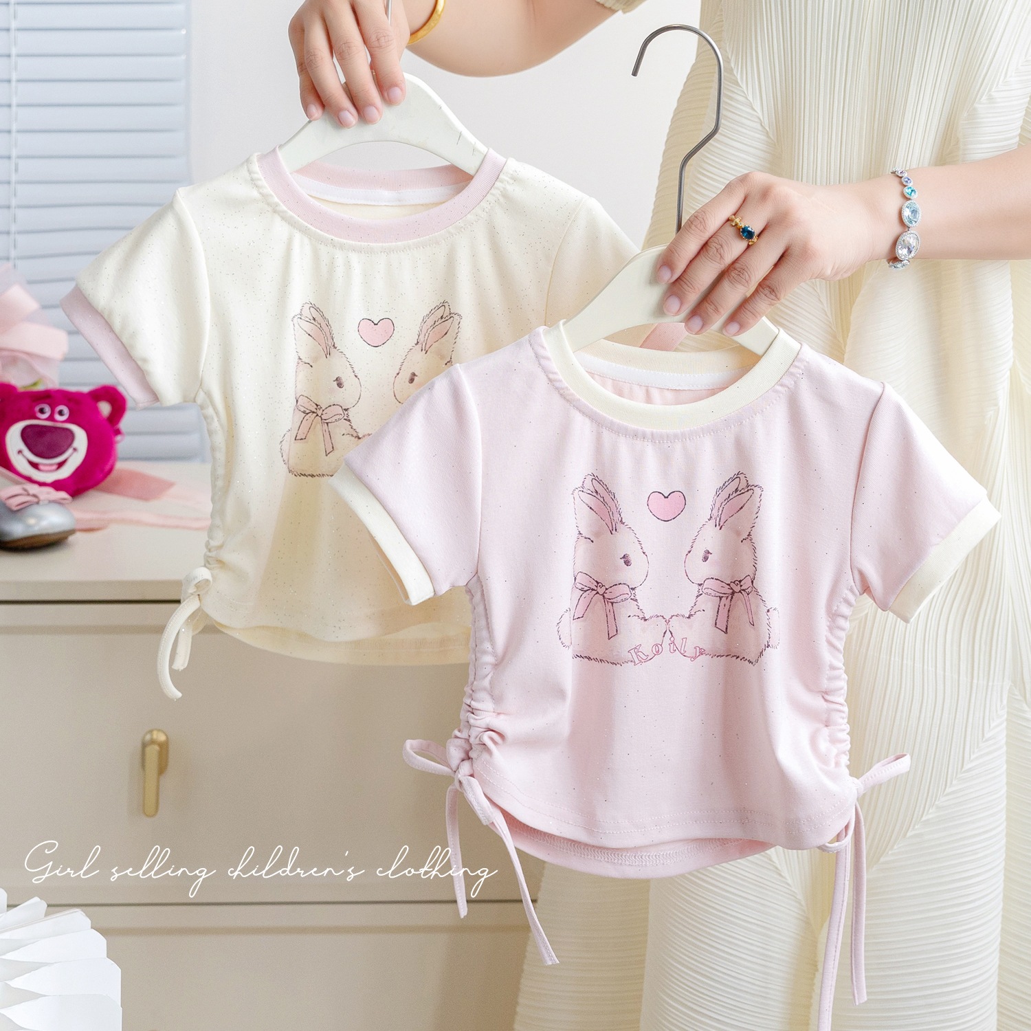 女童夏季短袖韩版2024新款儿童纯色卡通T恤女宝宝抽绳半袖上衣潮详情4