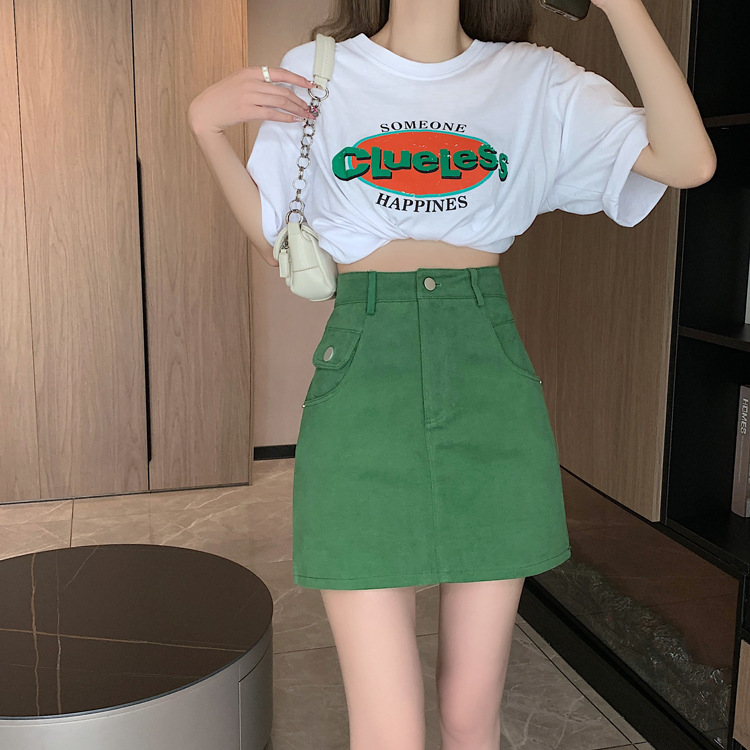 实拍视频小个子绿色半身裙女ins2023秋季新款高腰包臀a字裙短裙子详情7